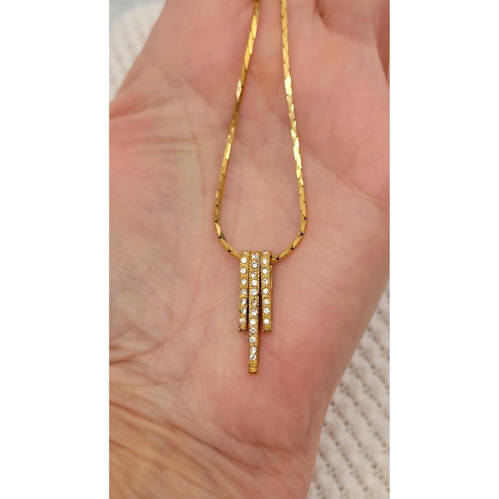 Gold Plate Snake Chain Necklace with Art Deco Rhinestone Vertical Bar Pendant